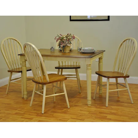 Solid Oak Dining Table with 4 Bow Back Side Chairs with Antique White Trim